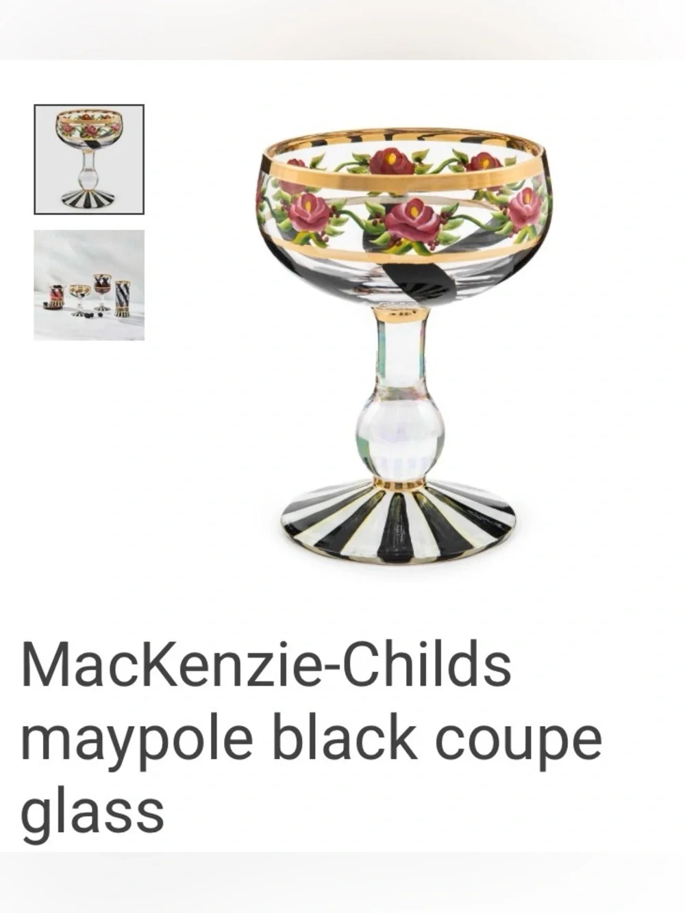 Mackenzie Childs Hand-Painted Floral and Black-White Coupe Glasses Set of 2